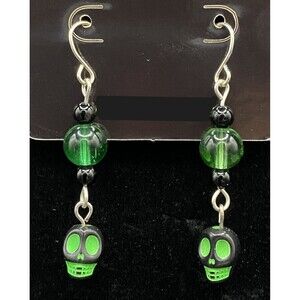 Handmade Neon Green & Black Skull Green Glass Black Bead Earrings by Neanie-Bot